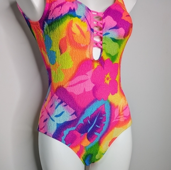 Vintage colorful neon pink yellow blue tropical hibiscus floral swimsuit 8 - Picture 4 of 12